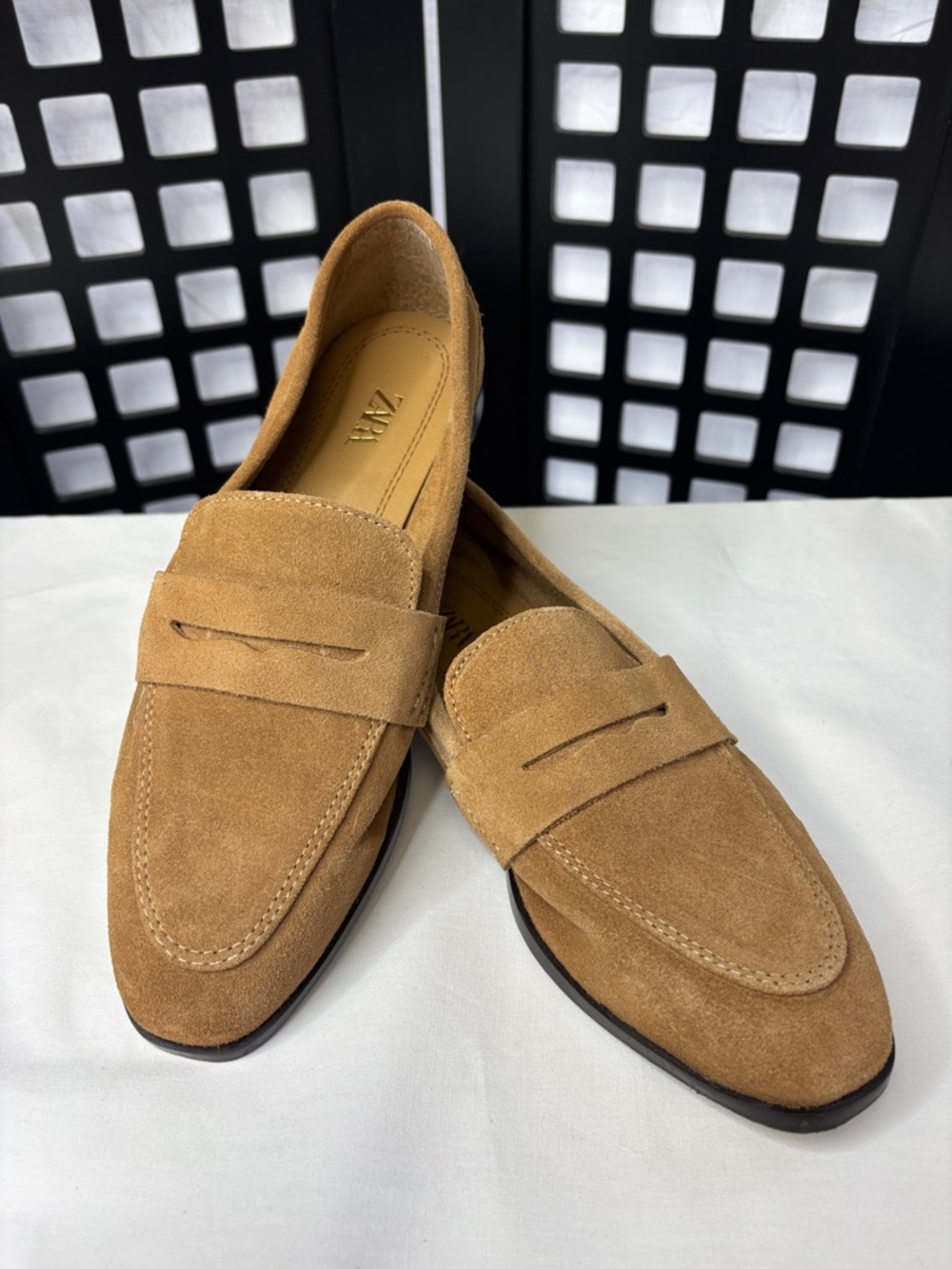 🤎 Zara Suede Penny Loafers Women's 5.5 Camel Beige Slip On Flats 🤎